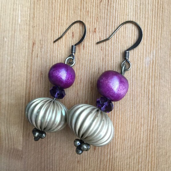 Wood, Purple Velvet Swarovski Crystal & Corrugated Raw Brass Beaded Earrings - Antiqued Gold-Plated Brass, Deco Oxidized Brass Ballpins