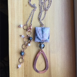 Dainty Copper Chain Beaded Pendant Necklace - Black Diamond Swarovski Crystal, Open Teardrop, Pink Fresh Water Pearl, Rhodonite, Rose Quartz