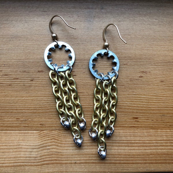 Earrings - Matte Gold Cable Chain, Upcycled Internal Tooth Lock Washers, Silver Possibly Pewter Rondelles - Yellow, Hardware, Mixed Metal