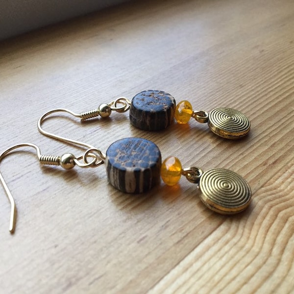 Light Orange Fire Polished Glass, Speckled Coco Wood & Gold Spiral Charm Beaded Earrings