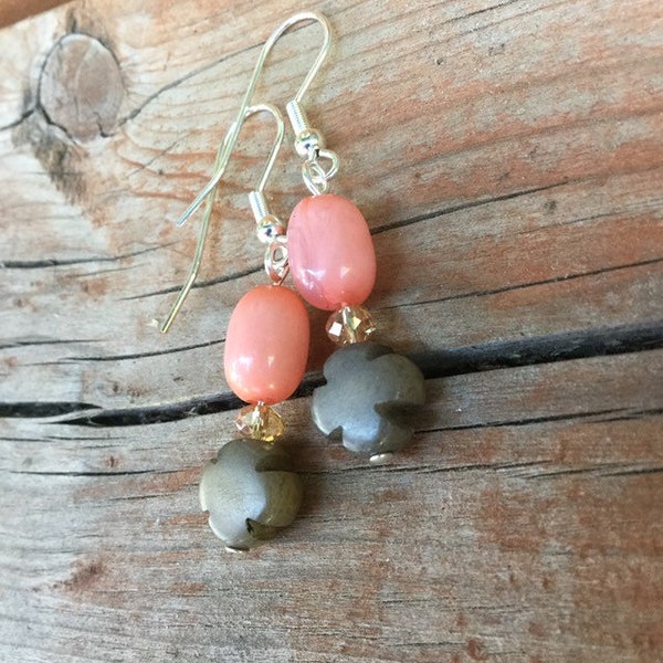 Peach Fire-Polished Glass & Light Grey Betel Nut Plus Sign Beaded Earrings - Pink Coral Possibly Glass, Silver-Plated Stainless Steel