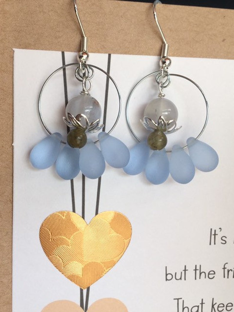 Memory Wire Hoops Labradorite /& Glass Beaded Earrings Light Blue Teardrops Silver-Plated Stainless Steel Army Green Chalcedony