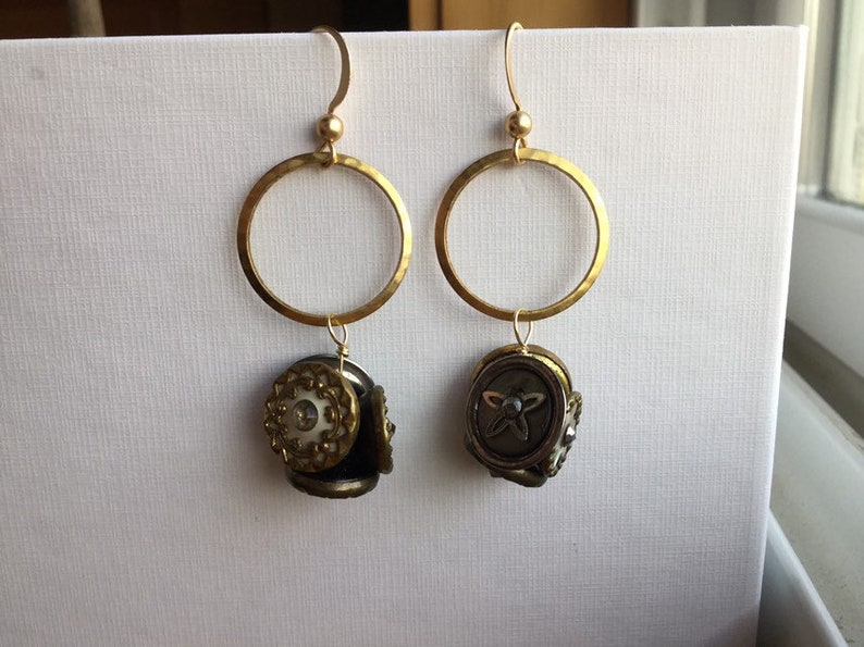 Matte Gold Plated Brass Earwires Repurposed Hammered Brass Ring With Vintage Shank Buttons Earrings Upcycled Gold-Filled Eyepins