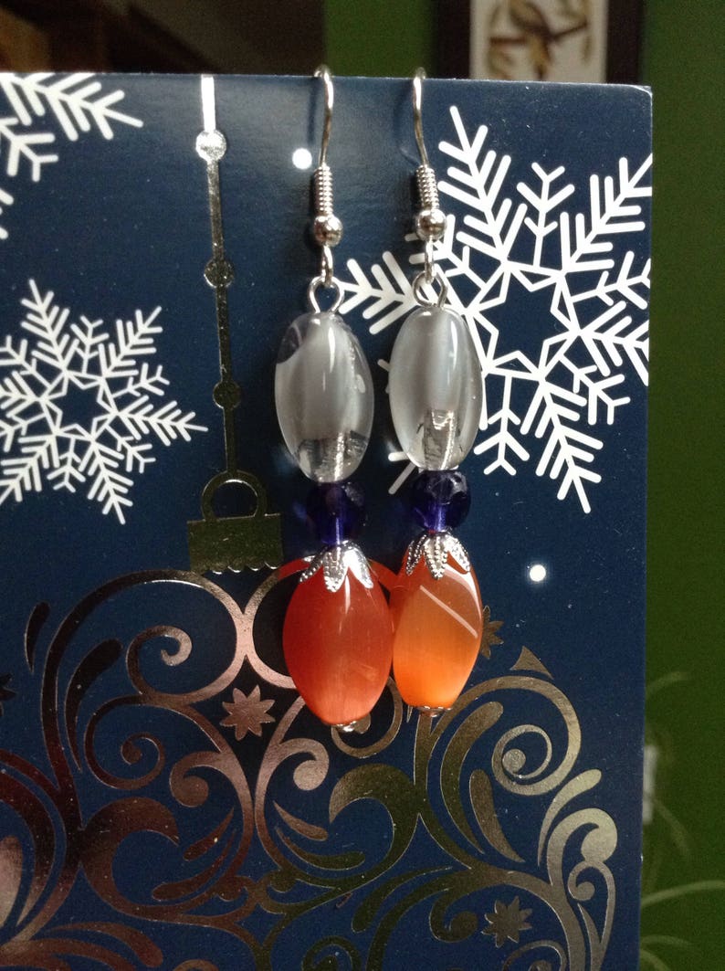 Glass /& Fire Polished Glass Beaded Earrings Clear Silver Plated Brass Bead Caps Grey And Orange