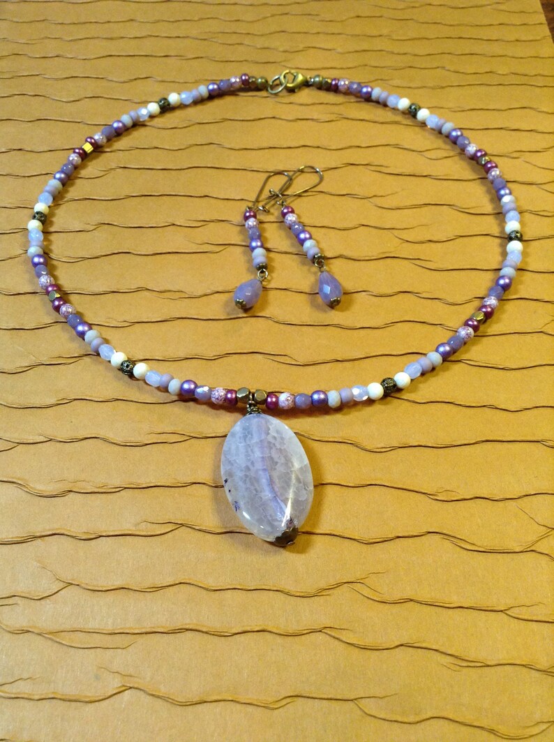 Antiqued Gold Plated Brass Fire Polished Glass River Rock Lavender /& Brass Beaded Dyed Fire Agate Pendant Necklace With Skinny Earrings