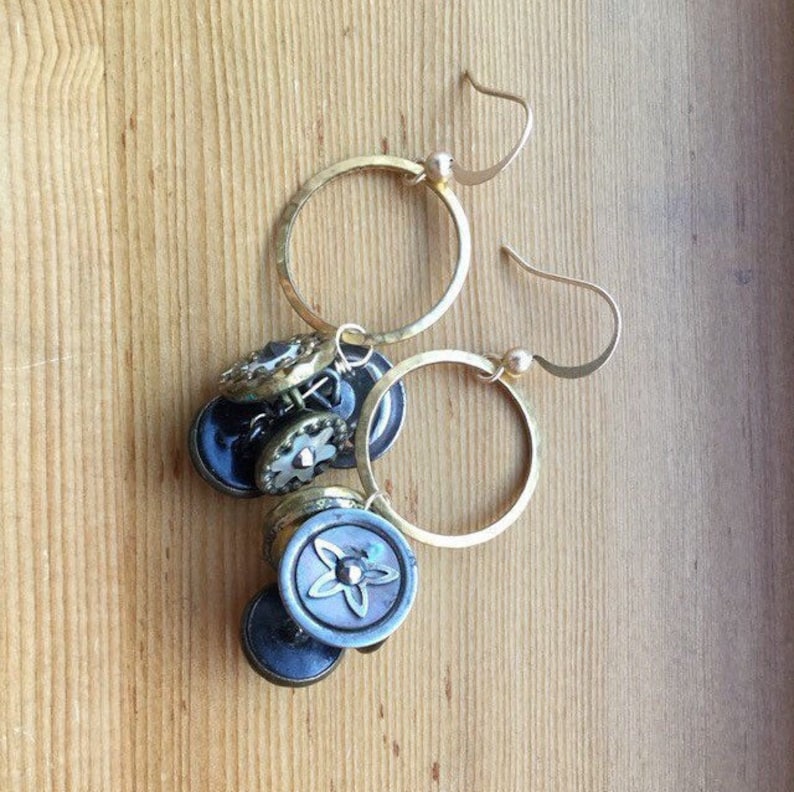 Matte Gold Plated Brass Earwires Repurposed Hammered Brass Ring With Vintage Shank Buttons Earrings Upcycled Gold-Filled Eyepins