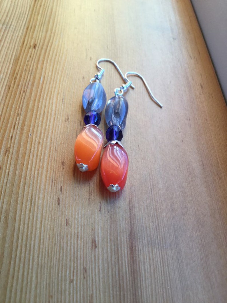 Glass /& Fire Polished Glass Beaded Earrings Clear Silver Plated Brass Bead Caps Grey And Orange