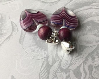 Wood & Glass Beaded Earrings - Clear, White, Purple, Silver, Stripes, Chunky Hearts - Silver-Plated Brass Earstuds