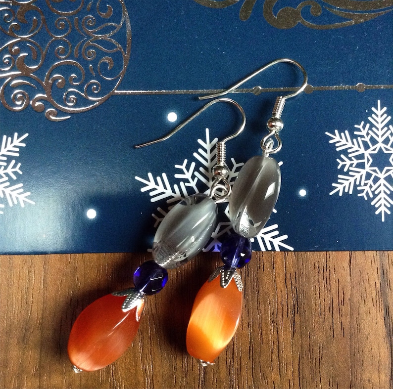 Glass /& Fire Polished Glass Beaded Earrings Clear Silver Plated Brass Bead Caps Grey And Orange