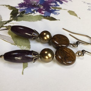 Coin Bronzite, Navy Bamboo & Antiqued Brass Swarovski Pearl Beaded Earrings With Antiqued Gold-Plated Brass Flower Bead Caps