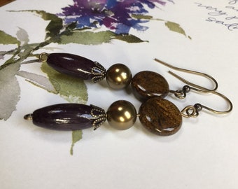 Coin Bronzite, Navy Bamboo & Antiqued Brass Swarovski Pearl Beaded Earrings With Antiqued Gold-Plated Brass Flower Bead Caps