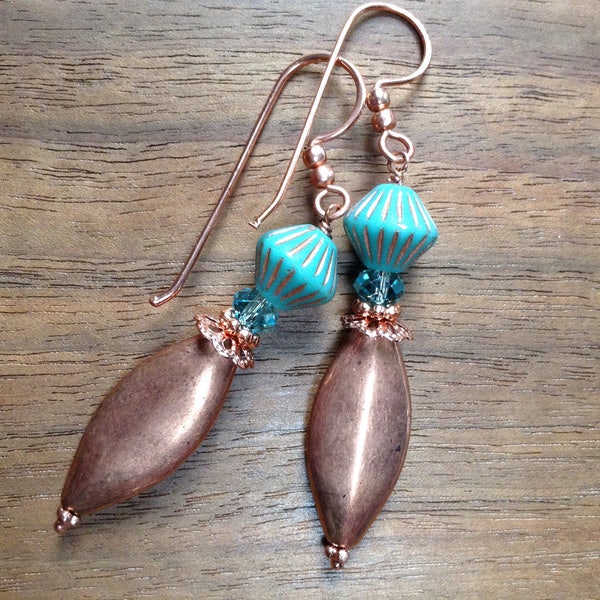 Turquoise And Copper Beaded Earrings - Glass, Swarovski Crystal, Copper & Plastic Beads - Rose Gold Filigree Beadcaps - Fancy Headpins