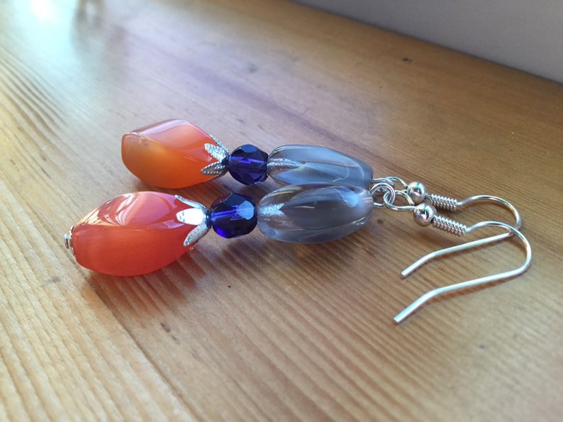 Glass /& Fire Polished Glass Beaded Earrings Clear Silver Plated Brass Bead Caps Grey And Orange