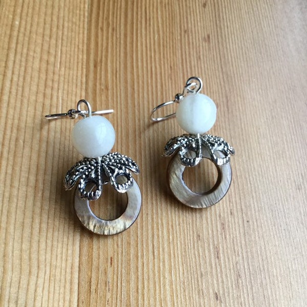 Moonstone & Shell Beaded Earrings With Open Flower Pewter Beadcaps - Cream And Tan - Ring - Silver Plated Stainless Steel - Maple Donut