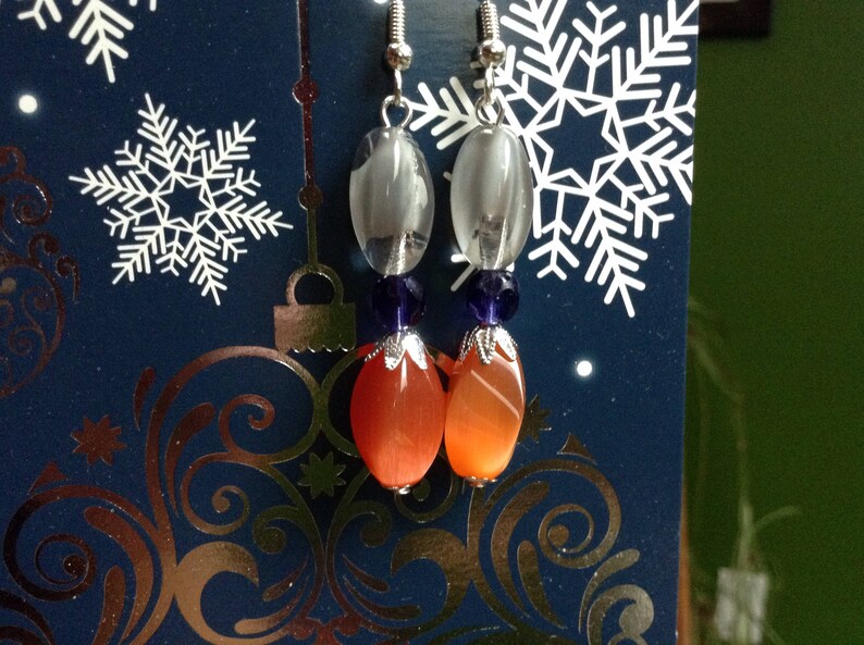 Glass /& Fire Polished Glass Beaded Earrings Clear Silver Plated Brass Bead Caps Grey And Orange