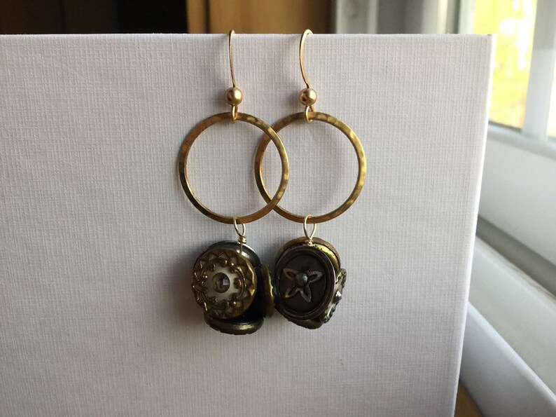 Matte Gold Plated Brass Earwires Repurposed Hammered Brass Ring With Vintage Shank Buttons Earrings Upcycled Gold-Filled Eyepins