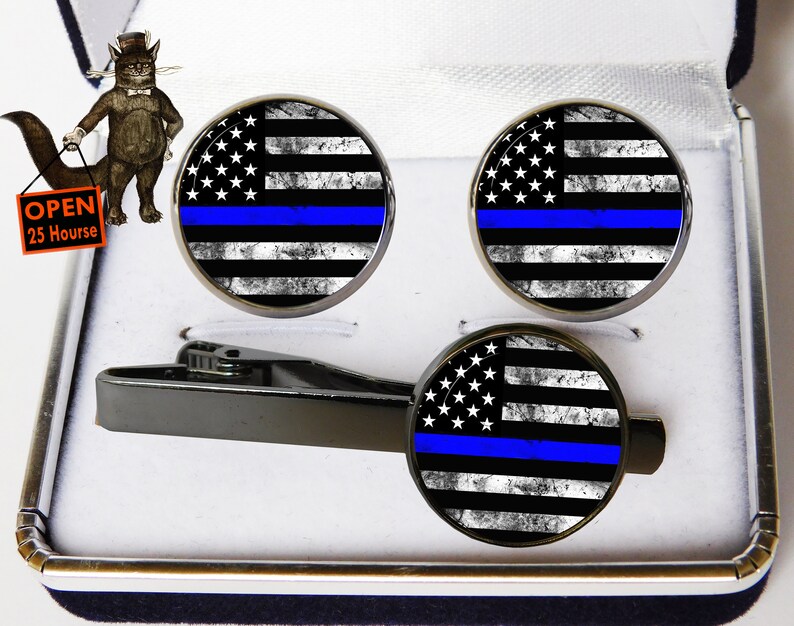 Thin Blue Line Set Cufflinks and Tie Clip Police Officer Etsy