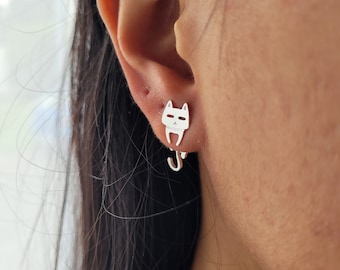 Hanging cat and fish earrings silver 925, silver stud earrings, silver earrings