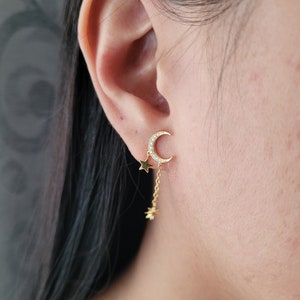 Goldene Mond Ohrstecker mit Stern und Zirkon Reinen Steinen Ohrringe 2 stück für beide Seiten vergoldet18k aus Silber925 +Geschenkverpackung