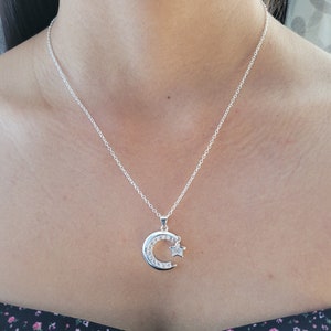 Moon with star chain made of silver 925, silver necklace, angel pendant, chain length: 40 cm + 4 cm 1.2 cm pendant + gift packaging