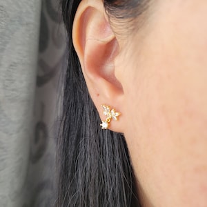 Pendientes de flores con piedras puras de circonitas pendientes 2 piezas por ambos lados, bañados en oro 18k fabricados en plata 925 + embalaje de regalo