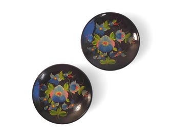 Vintage Norwegian Rosemaling Wooden Plates, Set of 2 Hand Painted Floral Black Plates, Folk Art Treen, Rustic Country Farmhouse Decor