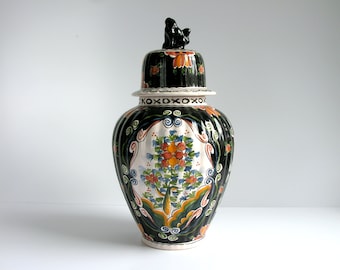 Royal Tichelaar Makkum Covered Vase, Holland, Mid Century Large Hand Painted Polychrome Black Foo Dog Vase, Ginger Jar Vase, Cabinet Vase