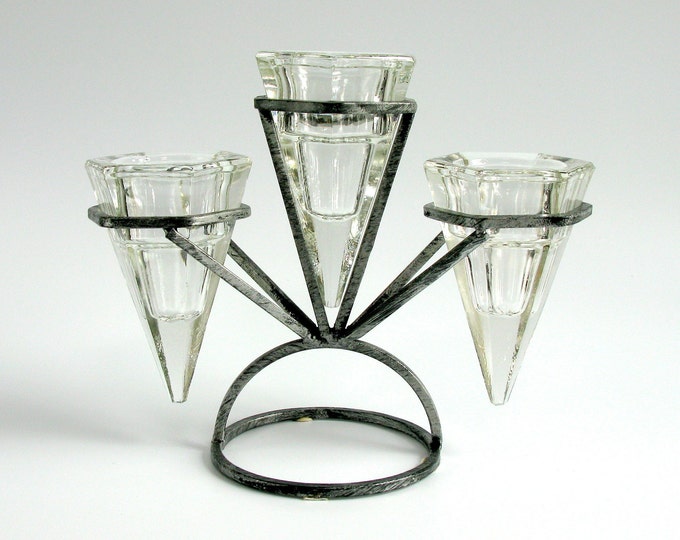 Vintage Swedish Wrought Iron & Glass Candle Holder, Triple Candlestick