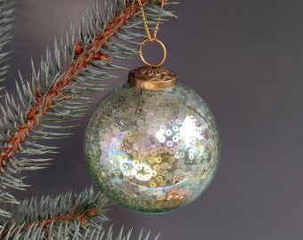 Vintage Iridescent Glass Kugel with Silver Sequins, Kugel Style Blown Glass Christmas Bauble with Brass Cap, Retro Christmas Ornament 4"