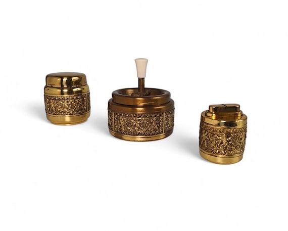 1960s cigarette dispenser Erhard & Sohne Smoking Set, Germany 1960s Gilded Brass Pop-Up Cigarette  Dispenser, Roulette Ashtray and Lighter, 3-Piece Set