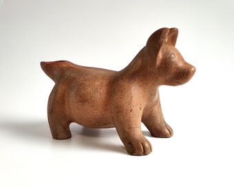 Colima Dog Pre Colombian Style Mexico Pottery Colima Dog Effigy Vessel, Artist Signed, Mid Century Mexican Redware Dog Sculpture 12.8" Wide