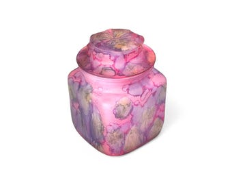 Vintage Rueven Art Glass Apothecary Jar: Hand-Painted Pink Nouveau Candy Dish