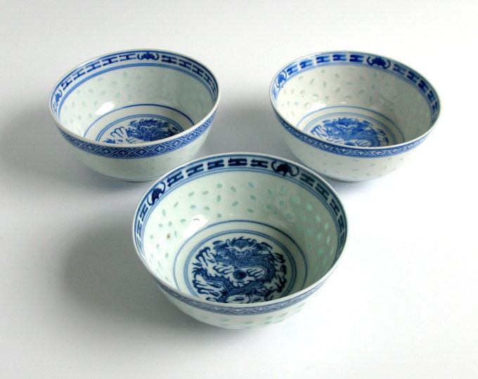 Chinese Wanyu Rice Grain Porcelain Bowls, Set of 3 Dragon Bowls, Hand