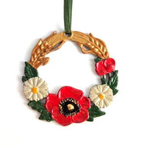 German Kühn Zinn Poppy & Daisy Wreath Pewter Ornament, Hand Painted Double-sided Pewter Easter Ornament, New Old Stock Collectible Ornament