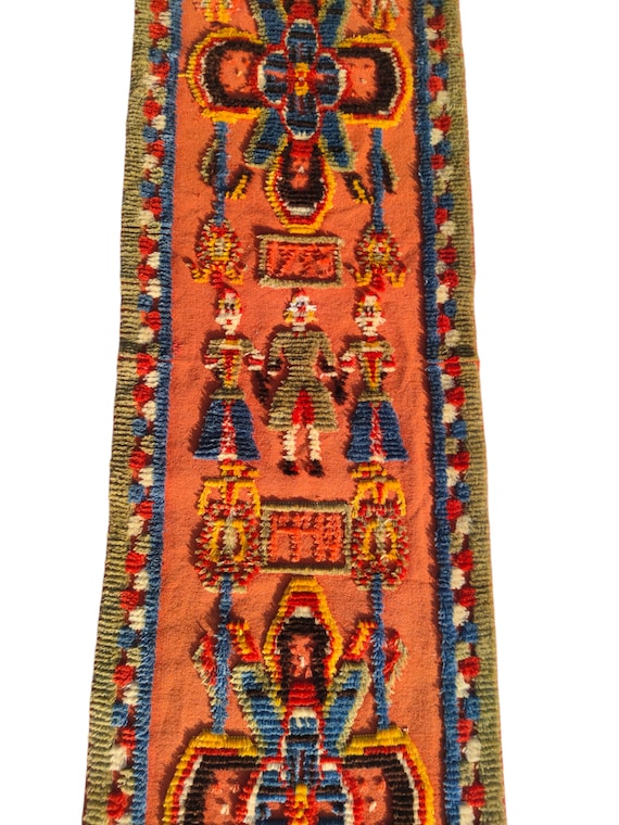 ヴィンテージ/アンティーク ポーランド 手織りフリンジ付き美しい水色タペストリー ヴィンテージ/アンティーク ポーランド 手織りフリンジ付き美しい水色