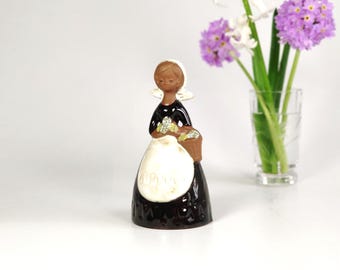 Flower Girl Bell by Lego Art Pottery Japan 70s Vintage Country Girl with Flowers and Basket Pottery Bell/ Figurine, Table Bell, Dinner Bell