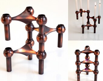 Nagel S22 Bronzed Modular Candle Holders by Fritz Nagel & Caesar Stoffi for BMF Germany 70s Atomic Set of 3 Stackable Candlesticks, Labeled