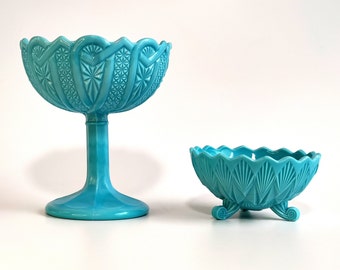 Pair of Turquoise Milk Glass Footed Bowls by Glimma Glassworks Sweden 1940s Victorian Style Blue Milk Glass Bon-Bon Dish and Sugar Bowl Set