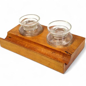 Antique Double Inkwell, 1930s Wooden Inkstand With Pair of Glass