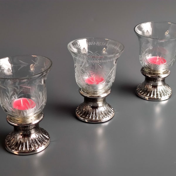 Set of 3 Vintage Hand Cut Mercury Glass Hurricane Candle Holders, Victorian Style Hurricane for Candles or Vase 3 pc Bohemian Romantic Decor