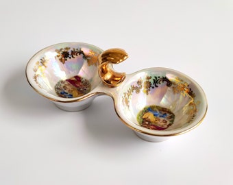 Carlsbad MADONNA Porcelain Salt & Pepper Cellar, Czech Republic Bohemia Hand Painted Luster Porcelain Double Salt Cellar, 24 Carat Gold Trim