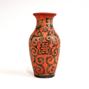 Bien Hoa School Vase, Mid Century Vietnamese Cinnabar Red and Green Ceramic Vase with Longevity Symbol, Scrolls and Foo Dog Decoration