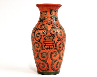 Bien Hoa School Vase, Mid Century Vietnamese Cinnabar Red and Green Ceramic Vase with Longevity Symbol, Scrolls and Foo Dog Decoration