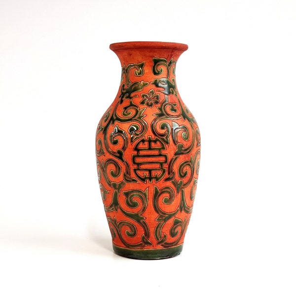 Bien Hoa School Vase, Mid Century Vietnamese Cinnabar Red and Green Ceramic Vase with Longevity Symbol, Scrolls and Foo Dog Decoration