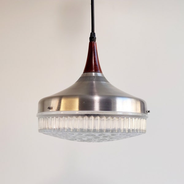 Mid Century Bubble Glass and Teak Pendant Light, Germany 60s Aluminum and Glass Pendant Lamp, Danish Modern Design Jo Hammerborg Fog & Morup