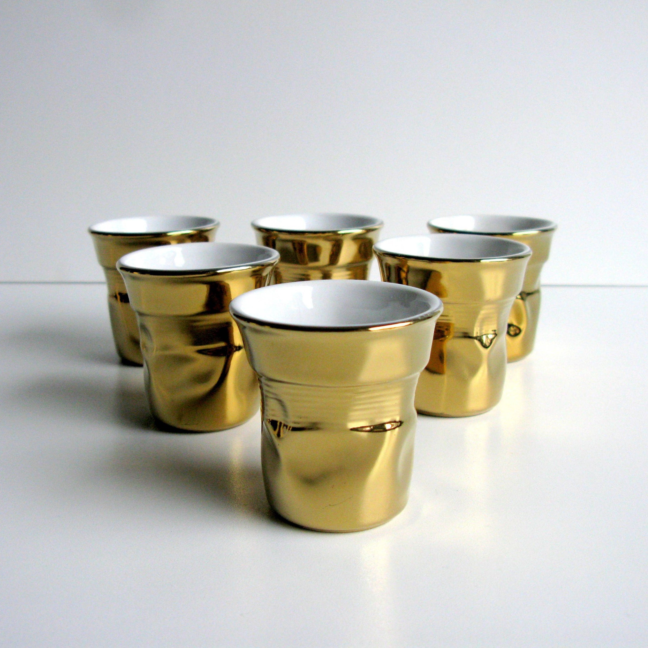 BIALETTI / Espresso Cup Set / Italian / Espresso Cups / Gold Cups /  Porcelain Cups / Set of 6 / Limited Edition / Gold / Crumbled Cup/ Italy 