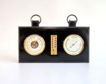 Wetterstation aus Leder & Teak Leder 1950er Jahre Mid Century Bauhaus Stil Wand Barometer, Hygrometer, Celsius und Fahrenheit Thermometer