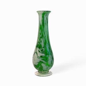 Art Deco Style Emerald Green and White Speckled Glass Vase, Mid Century Hand Blown Art Glass Vase with Clear Base, 9&quot; Tall