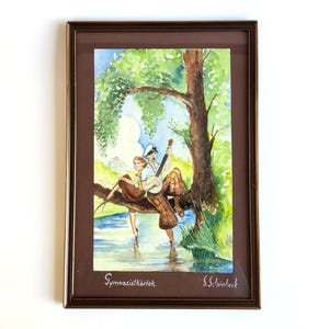 1930s Swedish &quot;Students&quot; Watercolor Painting by Sven Schönbeck, Swedish Artist and Art Teacher (1913-1988) Antique Framed Watercolor Signed