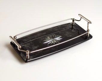 Art Deco Chrome and Glass Vanity Tray, Sweden 1940s Cut Star Black Glass Tray with Chrome Railing and Handles, Perfume Tray, Vanity Decor